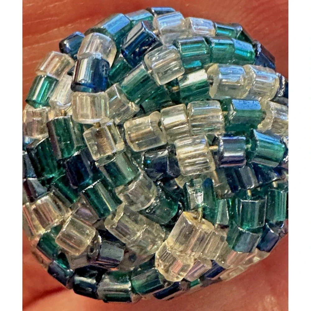 Vintage Teal Navy Blue Glass Beaded Cluster‎ Clip On Button Earrings Woven Domed